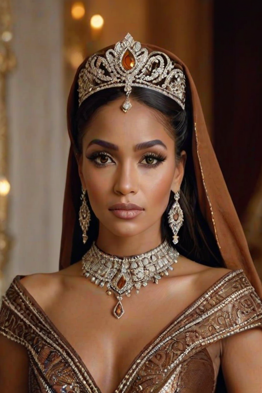 A gorgeous Tuareg woman in a luxurious brown gown, accessorized with a dazzling tiara and statement earrings, her deep orange eyes highlighted by impeccable makeup, poised in a royal setting, photorealistic, 8K quality