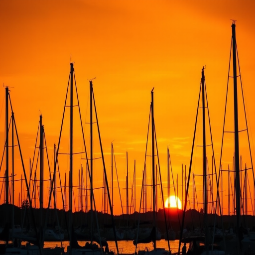 capture a tranquil sunset over a marina filled with sailboats silhouetted against a vibrant orange sky using a DSLR camera with a 50mm lens at f/8, ISO 200, 1/200s, shot from a low angle to emphasize the masts.