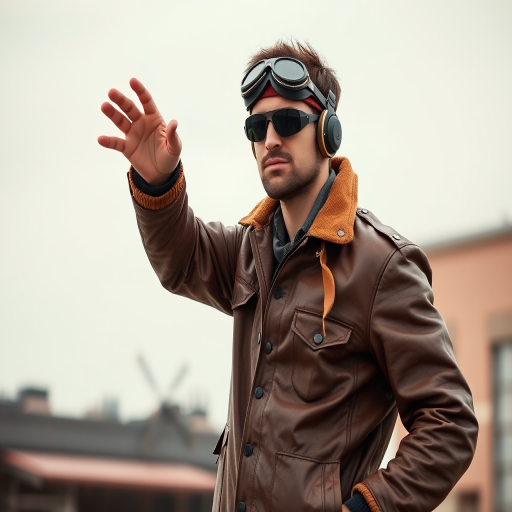 Create an image of a confident aviator wearing a brown leather jacket and goggles, standing with one hand gesturing, captured in high resolution with a DSLR camera at f/2.8, 1/125s shutter speed, 50mm lens, natural lighting, and a slight low angle view for depth.
