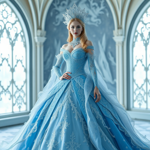 Create a high-resolution image of a fantasy ice queen standing confidently in an elaborately designed blue and white gown with delicate lace textures, captured in soft natural light using a DSLR camera with a 50mm lens, f/1.8 aperture, ISO 100, and a panoramic view to enhance the ethereal atmosphere.