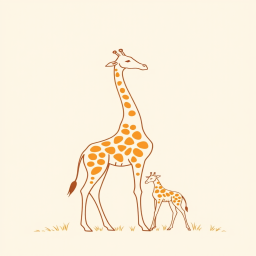 Create a minimalist line drawing of a giraffe and its calf, with smooth curves and organic shapes, incorporate warm earth tones on a soft pastel background, using a DSLR camera with a 50mm lens, aperture set to f/1.8 for shallow depth of field, 1/200 sec shutter speed, and ISO 100 for optimal clarity.