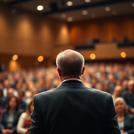 capture an audience from behind a speaker in a large auditorium, focus on the speaker in a tailored suit, soft bokeh effect on the crowd, warm lighting, aperture f/2.8, shutter speed 1/100s, ISO 800, wide-angle lens, DSLR camera