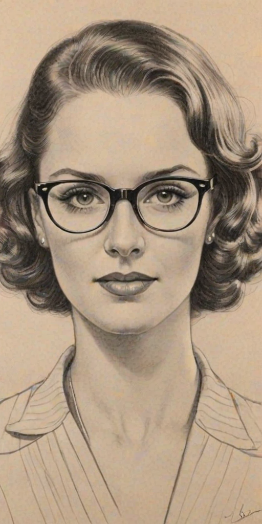 Fetching Brooke Adams, pencil sketch, portrait of Dazzling woman 1933s in glasses, hair style beatnik, outline, clear lines, fine lines, 8k