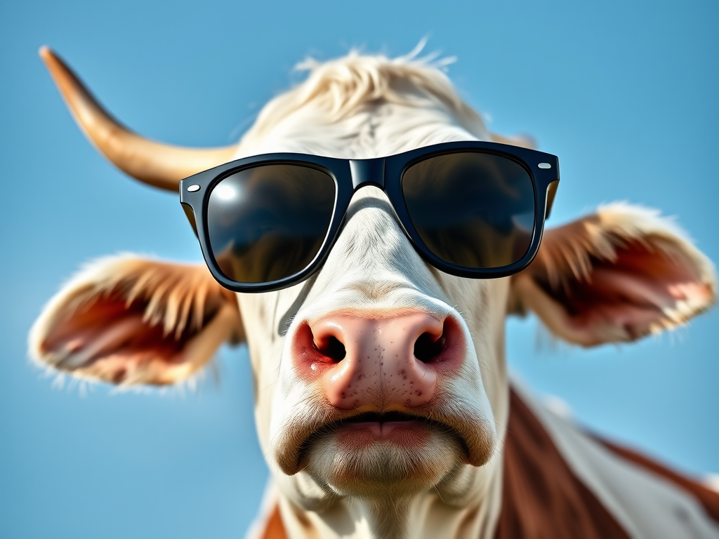 A close-up portrait of a cow wearing stylish sunglasses against a soft blue background, shot with a Canon EOS R5 camera, 85mm lens, f/1.8 aperture, ISO 100, and natural lighting for enhanced clarity and detail.