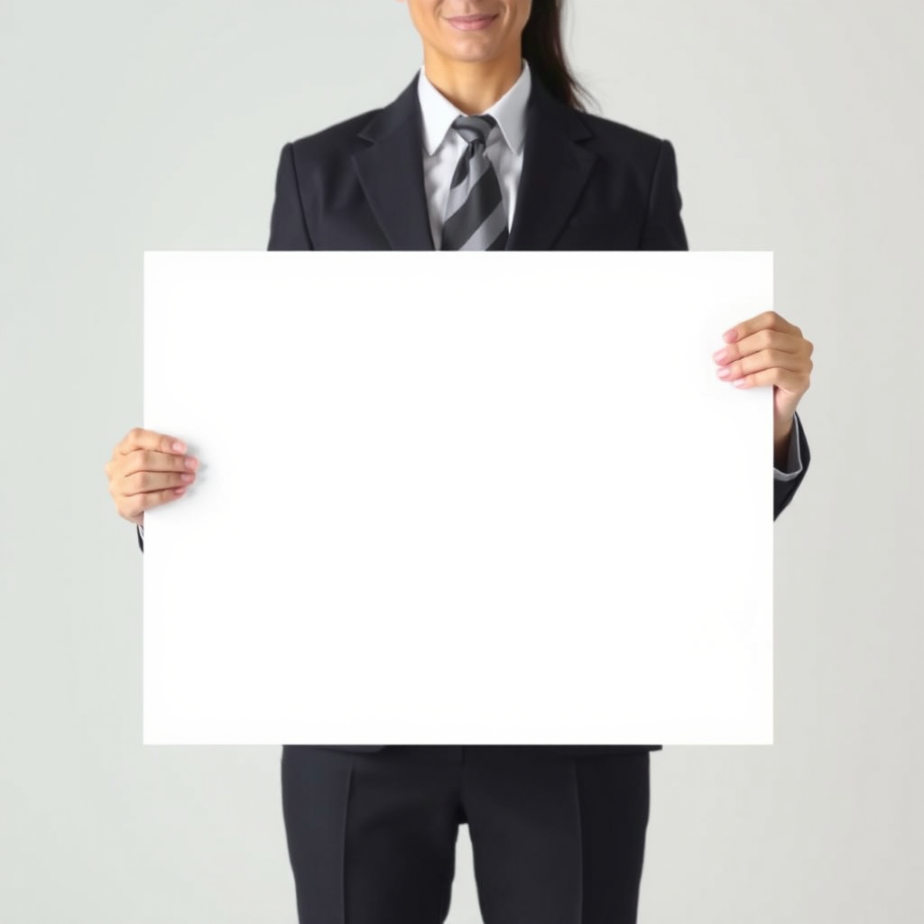 Create an image of a professional individual in a business suit, holding a large blank whiteboard in front of their face. The background should be neutral to emphasize the person and the blank board. Make sure the person's hands are visible, and they are positioned at mid-chest level, showcasing the blank space clearly.