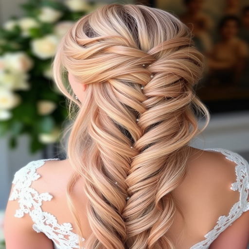 Soft rose gold waves cascade down in a waterfall braid, intertwined with delicate crystal beads that catch the light, creating a romantic and ethereal bridal look.