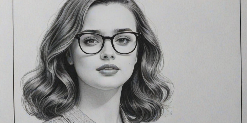 Elegant Katherine Langford, pencil sketch, portrait of Lovely woman 1964s in glasses, hair style beatnik, outline, clear lines, fine lines, 8k