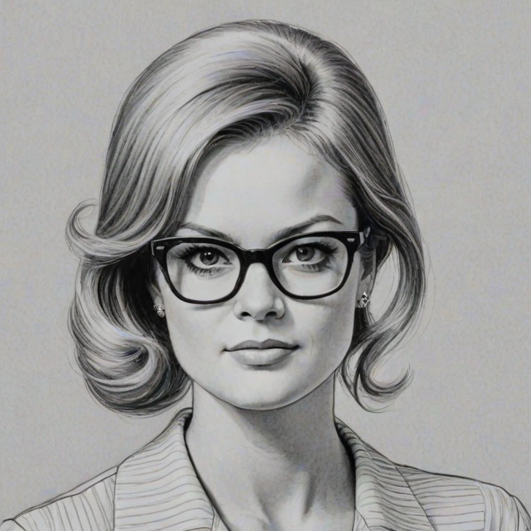 Appealing Kelsey Grammer, pencil sketch, portrait of Captivating woman 1960s in glasses, hair style beatnik, outline, clear lines, fine lines, 8k