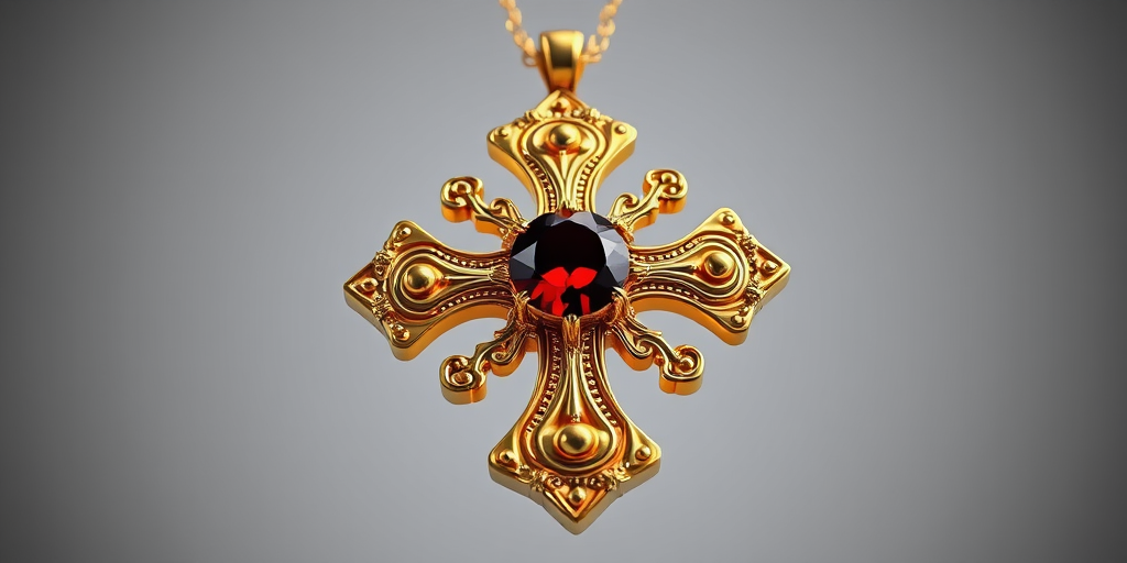 create a highly detailed 3D render of an ornate golden cross pendant with a deep red gemstone at the center, soft studio lighting, focus on surface reflections and textures, shot with a DSLR camera at 50mm f/1.8, ISO 100, aperture priority mode, shallow depth of field, neutral background to enhance the pendant's details.