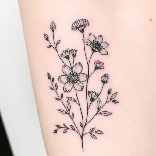 Botanical line art tattoo named "Delicate Flora" showcasing finely detailed flowers leaves and stems rendered in minimalist black lines with occasional pops of color for emphasis creating an elegant and understated design