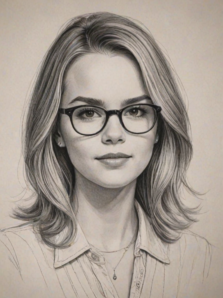 Splendid Bridgit Mendler, pencil sketch, portrait of Gorgeous woman 1966s in glasses, hair style beatnik, outline, clear lines, fine lines, 8k
