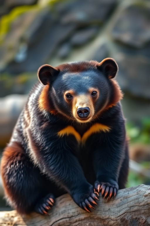 Capture a close-up of a sun bear sitting on a log in natural habitat, with a shallow depth of field, ISO 100, aperture f/2.8, shutter speed 1/250 sec, using a full-frame DSLR, 50mm lens, natural light to enhance colors and details.