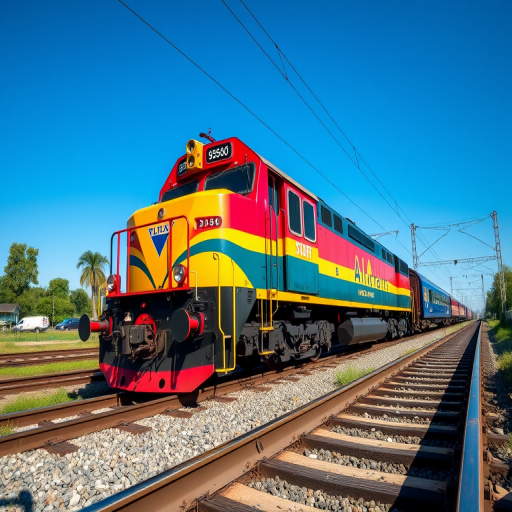capture a vibrant railway scene featuring a colorful train engine parked on a sunny day with clear blue skies, use a Canon EOS R5 with a 24-70mm f/2.8 lens at f/8, ISO 100, shutter speed 1/250s, shot from a low angle to emphasize the train's details and the surrounding landscape, ensuring high clarity and depth of field.