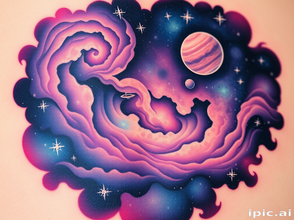Cosmic tattoo "Galactic Odyssey" depicting a breathtaking space scene with swirling nebulae, distant planets, and shimmering stars in a rich palette of purples, blues, and iridescent accents