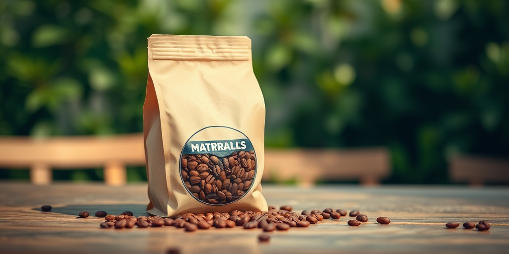 photograph a bag of coffee beans on a wooden table with a blurred background of greenery, taken with a 50mm lens at f/1.8, ISO 100, shutter speed 1/200, using natural light in a bright and airy style