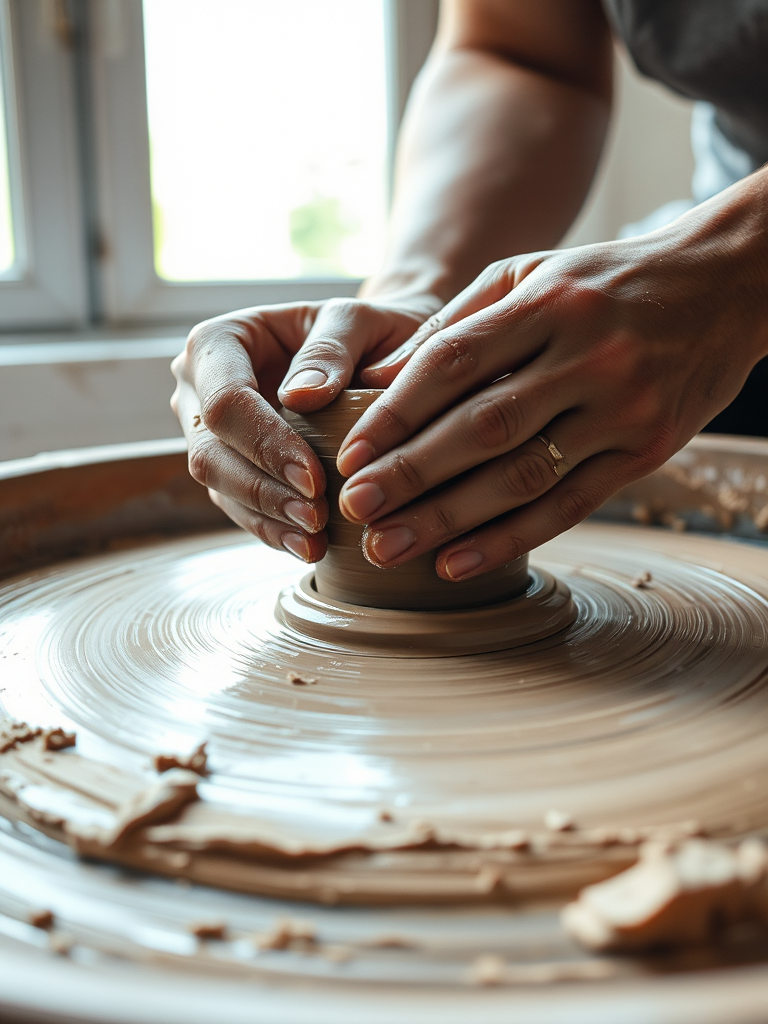 Close-up of a pair of hands shaping clay on a pottery wheel, soft natural light from a nearby window illuminating the wet clay, with splatters of mud on the surrounding surface.