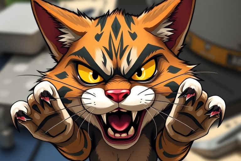Regenerate a highly detailed illustration of an angry cartoon cat with exaggerated features, emphasizing sharp claws and a fierce expression, using a DSLR camera with a 50mm lens, aperture set to f/2.8, ISO 100, shot in natural light to enhance colors and contrast.