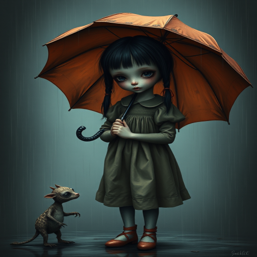 An eerie, weird little girl with dark hair in thin pigtails, wearing a smock dress, standing in the rain, holding a dirty orange umbrella, a small, odd creature beside her. In a surreal style inspired by Nicoletta Ceccoli and Brian Froud. Dark fantasy themes