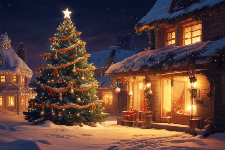 A Cozy Winter Scene Featuring a Decorated Christmas Tree and Snowy Village.