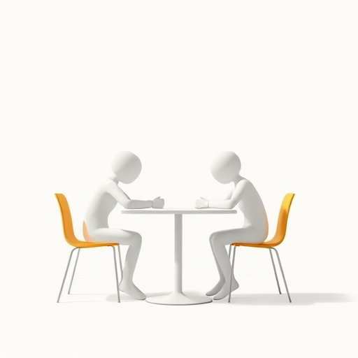 Create an illustration of two abstract figures sitting across from each other at a table in a minimalist style with a clean background, using a high-resolution digital format, shot in a 50mm lens, f/2.8 aperture, with soft lighting to enhance shadows and depth.