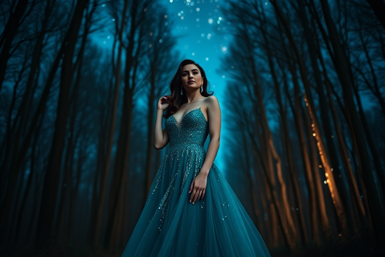 high fashion portrait of a woman in a sparkling teal evening gown standing in a dreamy forest setting under a starry night sky, captured with a Canon EOS R5, 85mm f/1.2 lens, ISO 100, aperture f/1.8, using a soft focus and shallow depth of field to enhance the ethereal quality of the scene