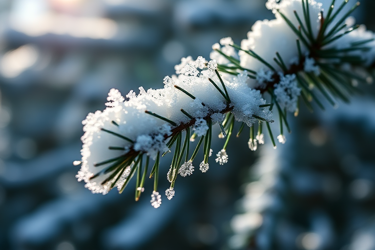 Close-up of a snow-covered pine branch with detailed snowflakes glistening in sunlight, captured with a Canon EOS 5D Mark IV, 50mm lens, f/2.8 aperture, ISO 100, natural light, shallow depth of field.