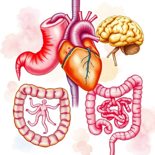 Create a high-resolution illustration of human organs including a stomach, heart, brain, and intestines in a watercolor style, using a Canon EOS R5 with a 50mm lens at f/1.8, ISO 100, and 1/250s, focusing on vibrant colors and detailed textures.