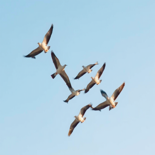 Capture a high-resolution image of a flock of birds flying in a V formation against a clear blue sky using a DSLR camera, 24mm lens, f/8 aperture, ISO 100, 1/2000 sec shutter speed, shot from a low angle for a dramatic perspective.