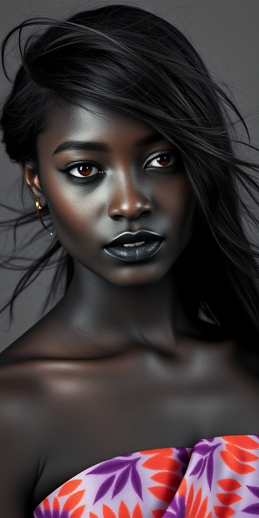 Photographic image of a beautiful young Kikuyu woman, red eyes, lips with black lipstick, long hair fluttering in the wind and wearing a silk strapless dress with a soft purple and orange print. monochrome image with only color highlights in the iris of the eyes, lipstick and dress. Gray background.