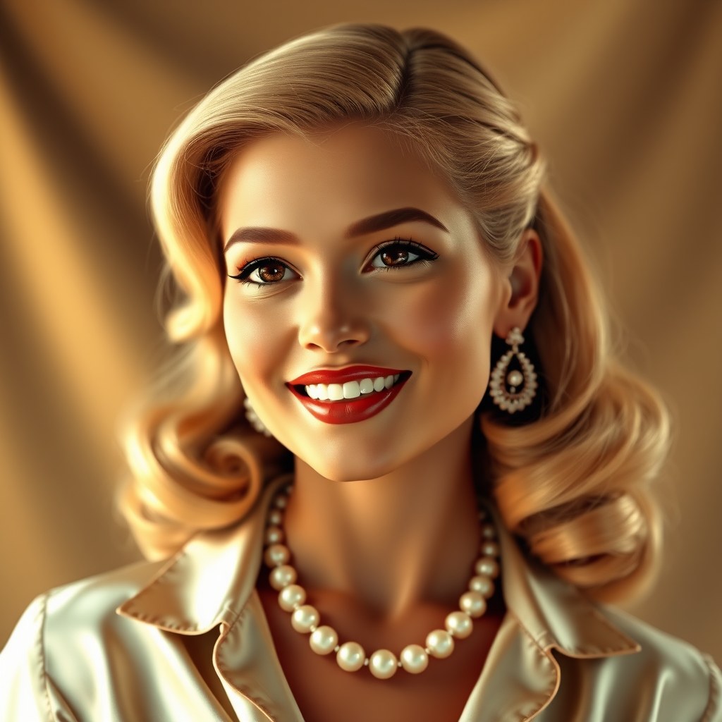 A beautiful Inca woman reminiscent of 1950s Hollywood glamour, with perfectly styled blonde hair and a seductive smile, dressed in a satin blouse and adorned with pearls, soft and warm tones, photorealistic, 8K