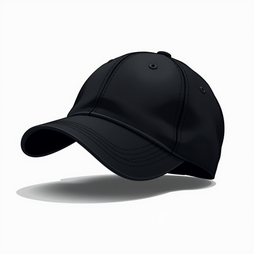 create a detailed and vibrant illustration of a black baseball cap placed at a dynamic angle, utilizing a DSLR camera with a focal length of 50mm, aperture set to f/2.8 for shallow depth of field, and soft, diffused lighting to enhance texture and contrast, capturing it in a close-up shot against a minimalist background