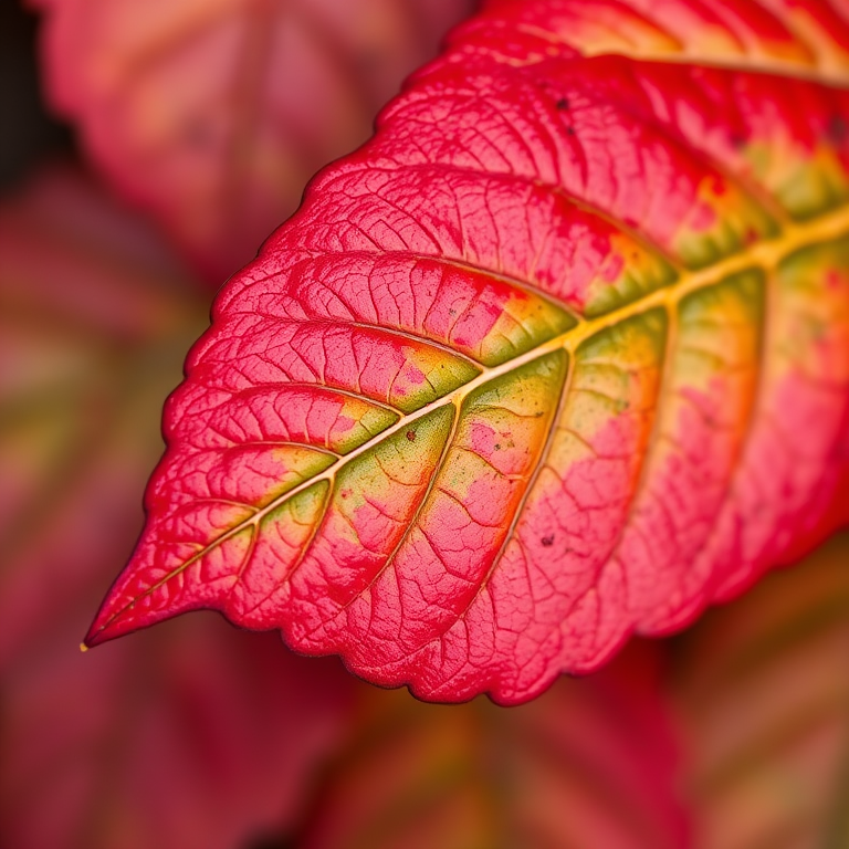 capture a close-up of a vibrant autumn leaf with rich red and green hues, using a macro lens at f/2.8, ISO 100, 1/200 sec, with soft diffused natural lighting, shot with a DSLR camera from a top-down perspective to emphasize texture and detail