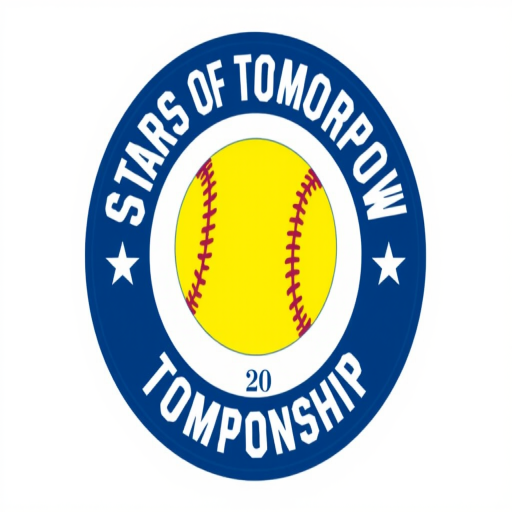 Create a high-resolution graphic of a circular logo featuring a yellow softball at the center, surrounded by the words "STARS OF TOMORROW" in bold, and "20 CHAMPIONSHIP 19" in smaller text, use vector-style design, set parameters for a digital illustration with 300 DPI, shot from a front view with a clean, minimal background to enhance clarity and detail.
