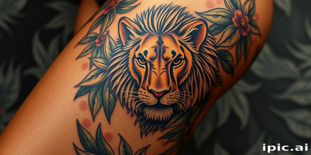 Powerful body tattoo portraying a fierce lioness emerging from lush foliage on the thigh, executed in hyper-realistic style with intricate details and rich earth tones
