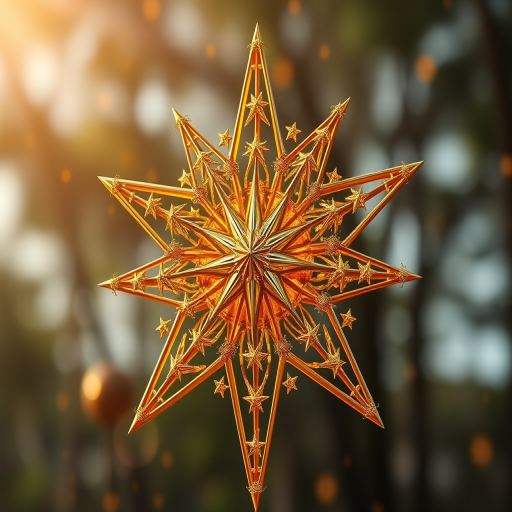 Create a detailed image of a large golden star composed of numerous smaller golden stars, high resolution, 50mm lens, f/1.8 aperture, soft focus background, natural lighting.