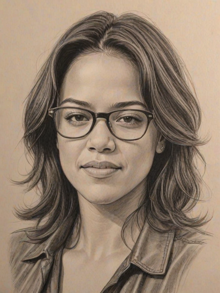 Appealing Michelle Rodriguez, pencil sketch, portrait of Captivating woman 1945s in glasses, hair style beatnik, outline, clear lines, fine lines, 8k
