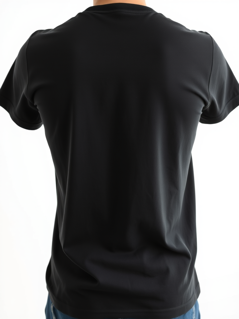 Create a high-resolution image of a plain black t-shirt viewed from the back, using a DSLR camera with a 50mm lens, aperture set to f/2.8, ISO 100, and a soft diffused light to enhance details and texture.