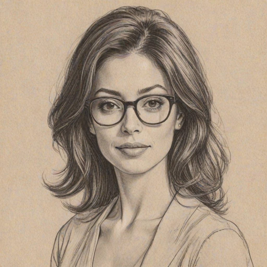 Enticing Emmanuelle Vaugier, pencil sketch, portrait of Radiant woman 1964s in glasses, hair style beatnik, outline, clear lines, fine lines, 8k