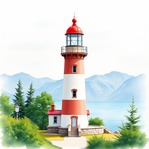 create a vibrant watercolor painting of a lighthouse with a red top surrounded by greenery and mountains in the background, use a wide-angle view, natural light, aperture f/8, ISO 100, shot with a DSLR camera for enhanced detail and color richness