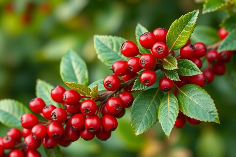 Create a high-resolution image of a vibrant arrangement of red berries and green leaves against a soft blurred background, using a DSLR camera with a 50mm lens, aperture set to f/2.8 for shallow depth of field, ISO 200, and natural lighting to enhance richness and detail.