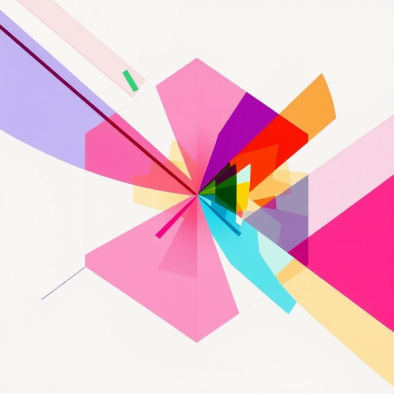 Generate a high-resolution abstract image featuring an interplay of geometric shapes and vibrant colors, captured with a DSLR camera at f/8, 1/125 sec, ISO 100, using a wide-angle lens, bright lighting, and a minimalist style.
