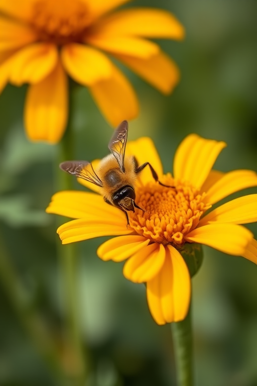 macro shot of a bee on a marigold flower with a shallow depth of field, aperture f/2.8, shutter speed 1/400s, ISO 100, natural light, DSLR camera, 50mm lens, close-up perspective