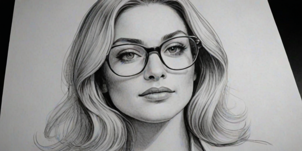 Enticing Elisabeth R'hm, pencil sketch, portrait of Attractive woman 1971s in glasses, hair style beatnik, outline, clear lines, fine lines, 8k