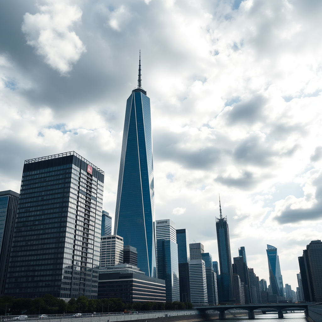 High-resolution cityscape of a modern skyline featuring a prominent skyscraper under a cloudy sky, shot with a DSLR camera at f/8 aperture, ISO 100, 24mm focal length, in landscape orientation, using a wide-angle lens for enhanced depth.