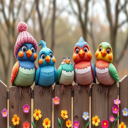create a scene of 4 quirky  whimsical colourful comical birds each with a funny expression. they are sat on a wooden fence with colourful flowers. they are all different sizes. each one is a different colour  one is wearing a woolly hat. Each one has a different quirky google expression and there is a muted background of trees watercolour paintierly style high definition 8k resolution 3D paper mache