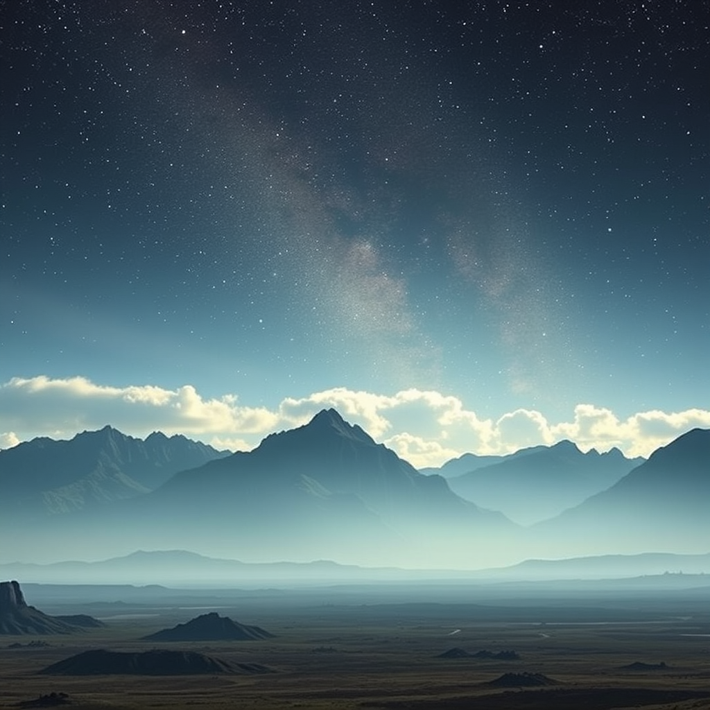 Create a high-resolution digital art image of a distant alien landscape featuring dramatic mountains under a cosmic sky filled with stars and clouds, captured at dawn with a wide-angle lens at f/11, ISO 100, shutter speed 1/250 sec, using a DSLR camera for enhanced clarity and detail.