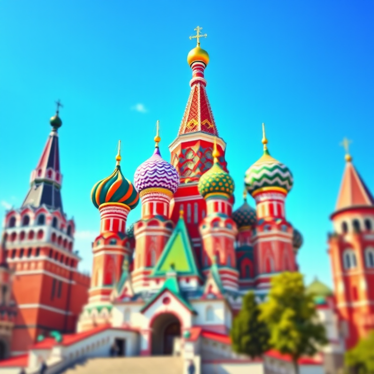 A vibrant digital illustration of Saint Basil's Cathedral in Moscow, featuring colorful onion domes and a clear blue sky, captured with a wide-angle lens at f/8, ISO 100, with a slight tilt-shift effect, in a modern vector art style.