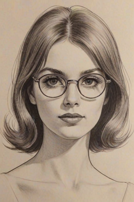 Lovely Daisy Edgar-Jones, pencil sketch, portrait of Enchanting woman 1966s in glasses, hair style beatnik, outline, clear lines, fine lines, 8k
