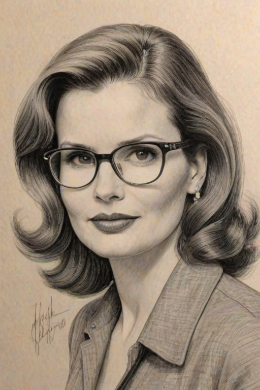 Charming Geena Davis, pencil sketch, portrait of Superb woman 1946s in glasses, hair style beatnik, outline, clear lines, fine lines, 8k