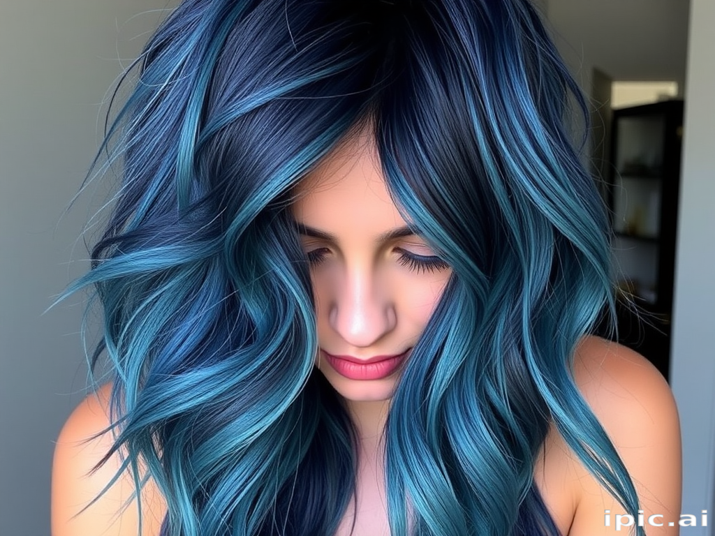 Midnight blue hair color styled in loose beach waves, Oceanic Dreams look, mimicking the depths of the sea with subtle navy and teal undertones